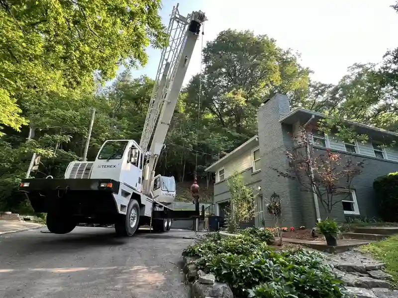 Crane-assisted tree removal at a Nashville home