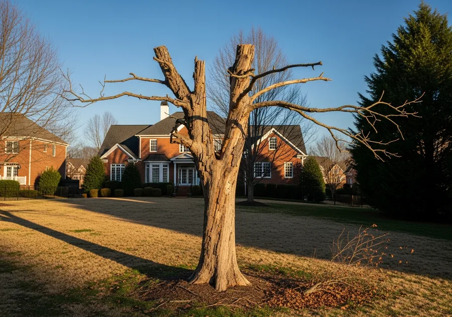 Dead standing tree with bare branches near a Nashville house