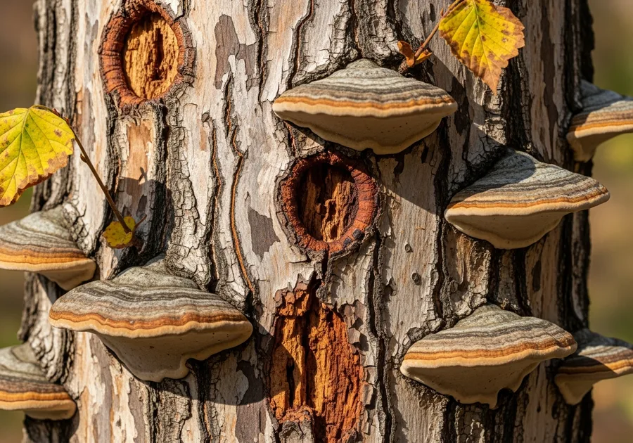 Diseased tree trunk with fungal conks and cankers