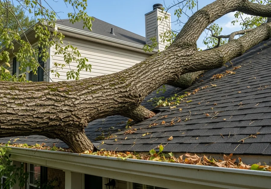 Tree branch overhanging a roof and gutter on a Nashville home