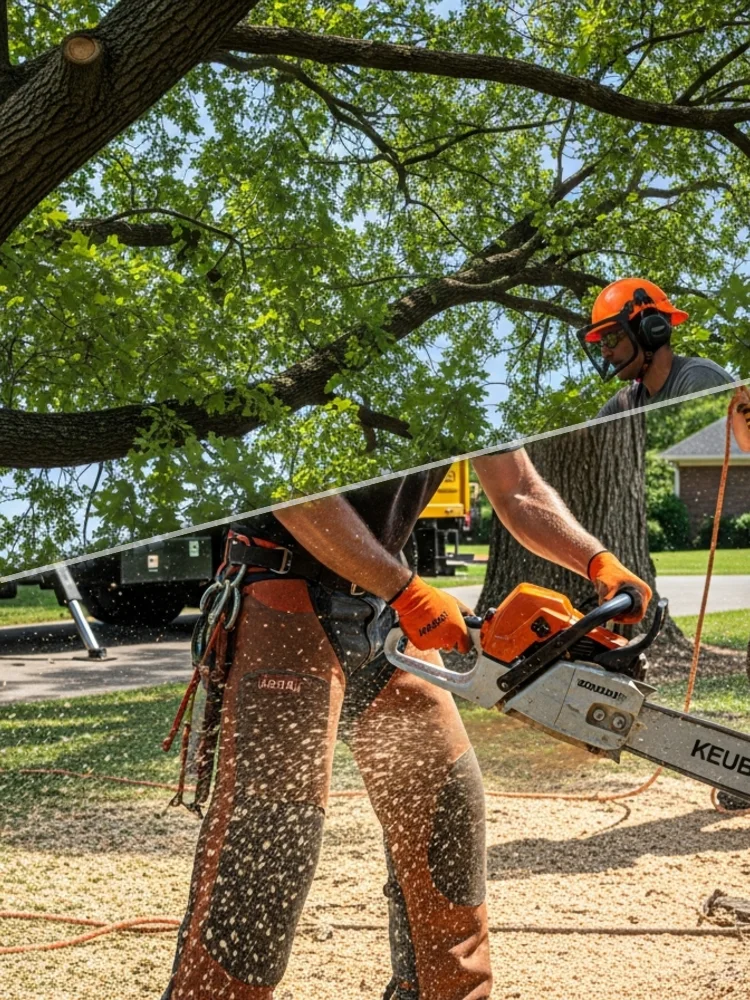 Split view of Smith Works tree cutting services in Nashville – tree trimming on top, tree removal with a chainsaw below