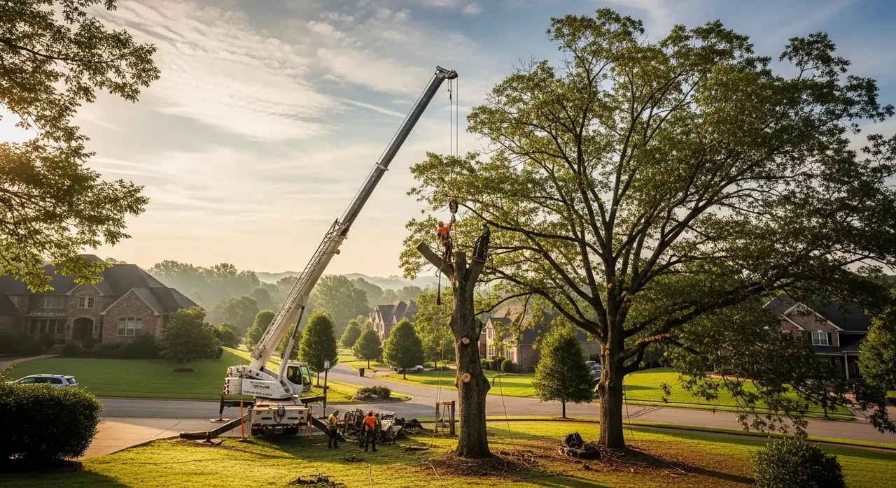 Smith Works crew cutting a large tree near a Nashville home