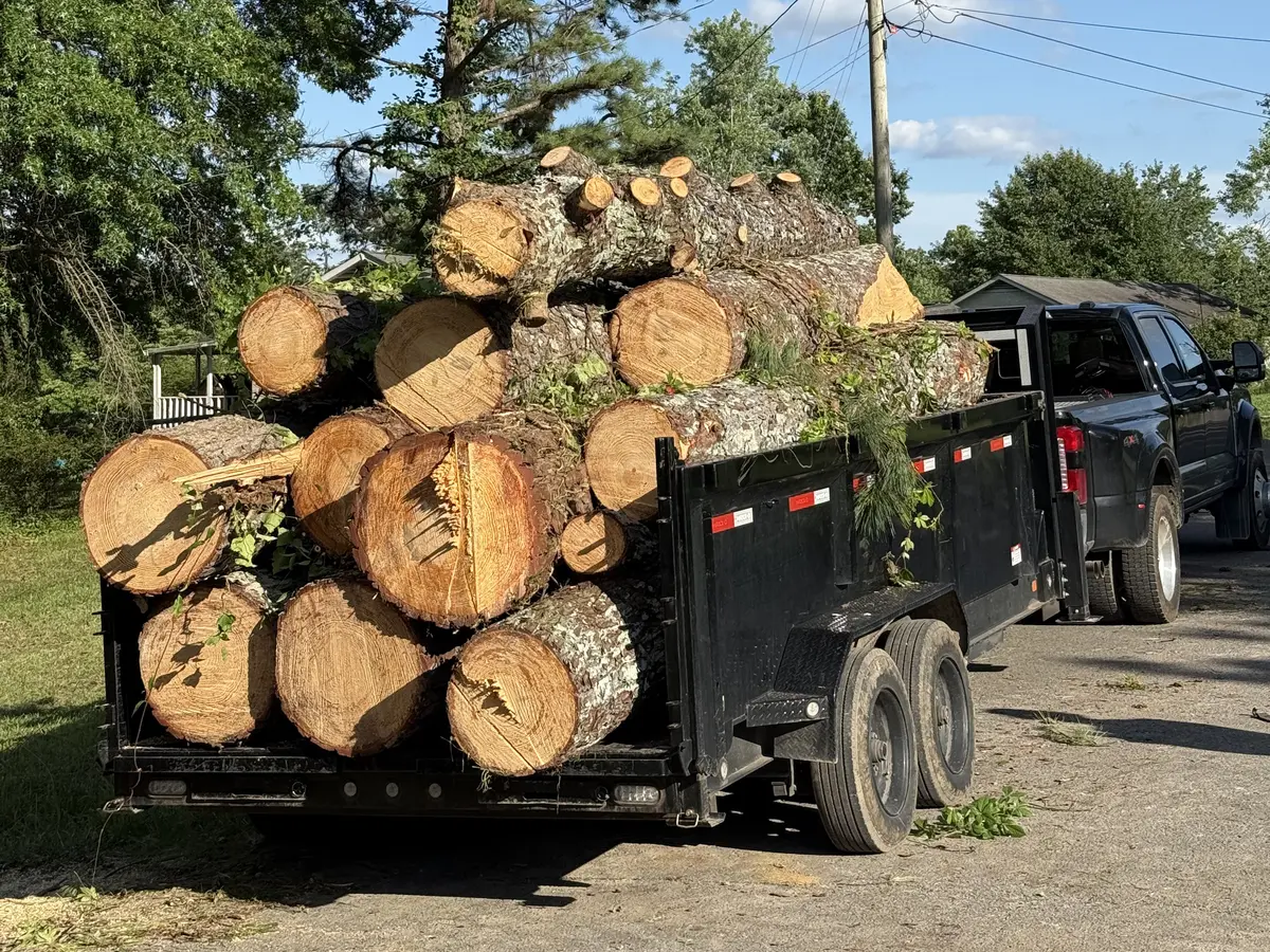 Smith Works pickup truck and dump trailer hauling a full load of logs after a tree removal